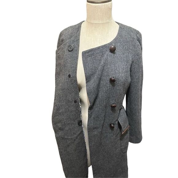 J Crew Double Breasted Wool Blend Gray Belted Collarless Coat Knee Length Size 4 - Picture 7 of 13